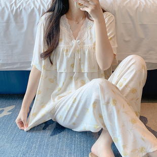 女夏季 新款 荷叶边睡衣套装 棉绸短袖 防凸点人造棉家居服两件套 长裤