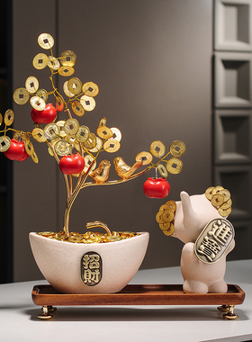 陶瓷聚宝盆事事如意柿子发财树元宝摆件办公室装饰品开业乔迁礼物