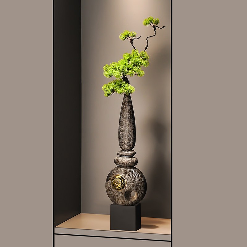 入户玄关迎客松花瓶壁龛大摆件进门屏风新中式客厅竖高长装饰品