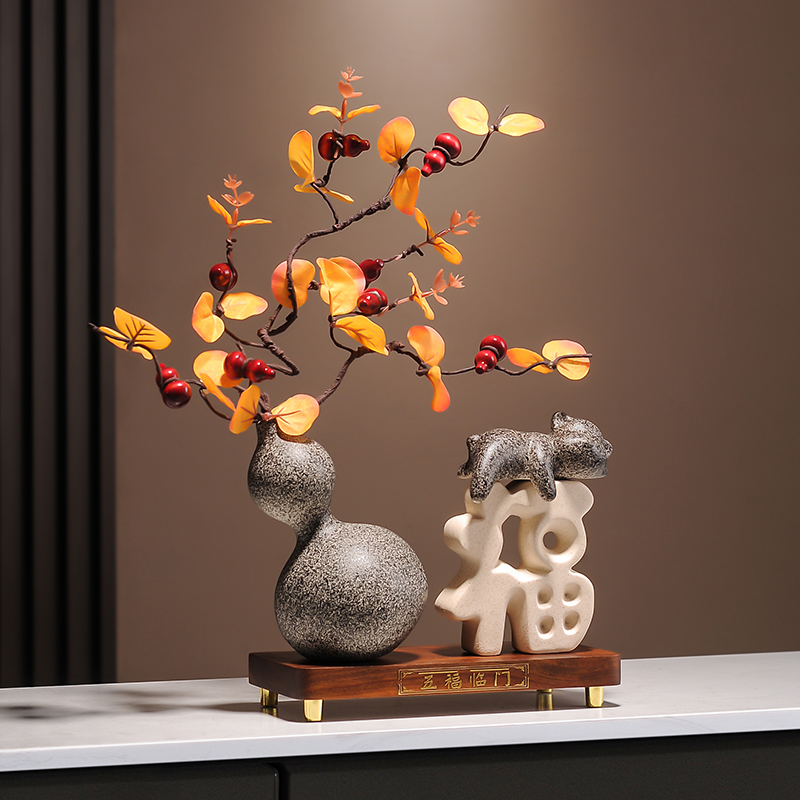 五福临门陶瓷葫芦摆件书房办公室酒柜装饰品新中式乔迁新居礼品