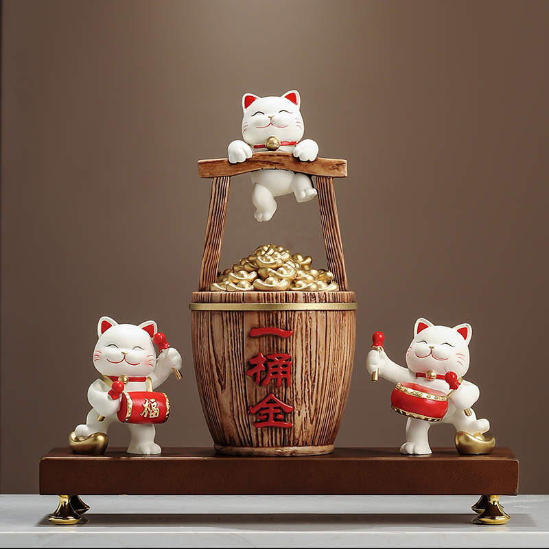 聚财一桶金招财猫新中式摆件家居客厅办公室装饰品乔迁开业礼物
