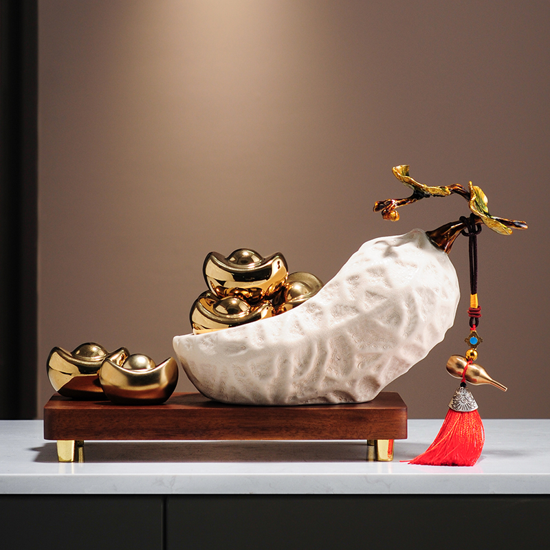 新中式招财陶瓷好事花生摆件客厅玄关酒柜装饰品乔迁新居开业礼物