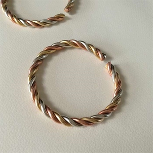 民族风时尚麻花款黄白铜手镯纯黄铜男女款纯手工镯子推拉活扣款