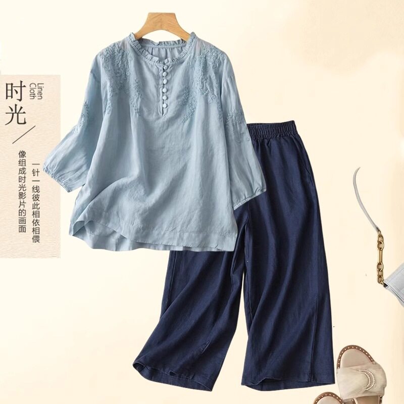 复古文艺棉麻绣花七分袖衬衫妈妈夏装套装女纯色上衣阔腿裤两件套