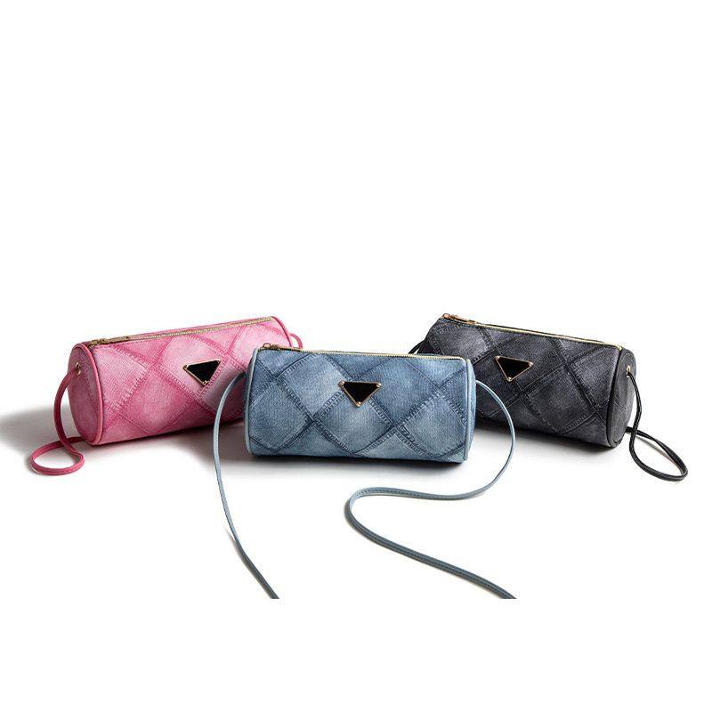 时尚菱格牛仔纹圆筒包百搭女包迷你手机包简约小巧单肩斜挎包小包