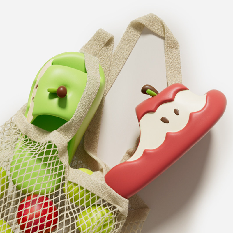 Mesh tote bag with colorful apple-shaped items