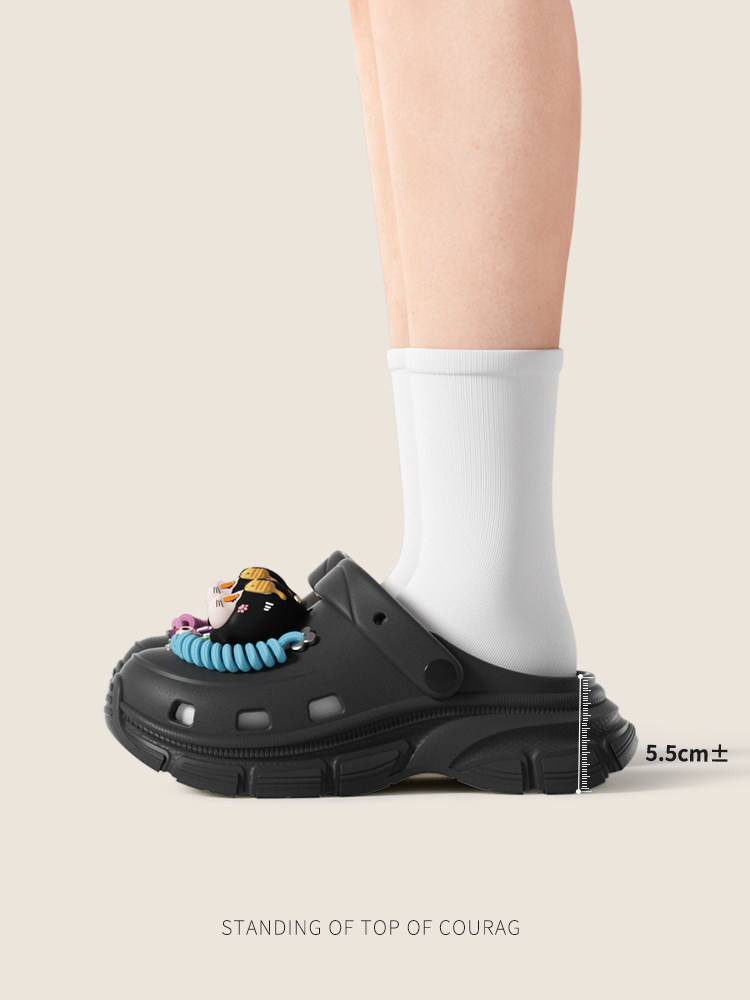 Black clog-style shoe worn with a white sock, shown with a heel height measurement overlay