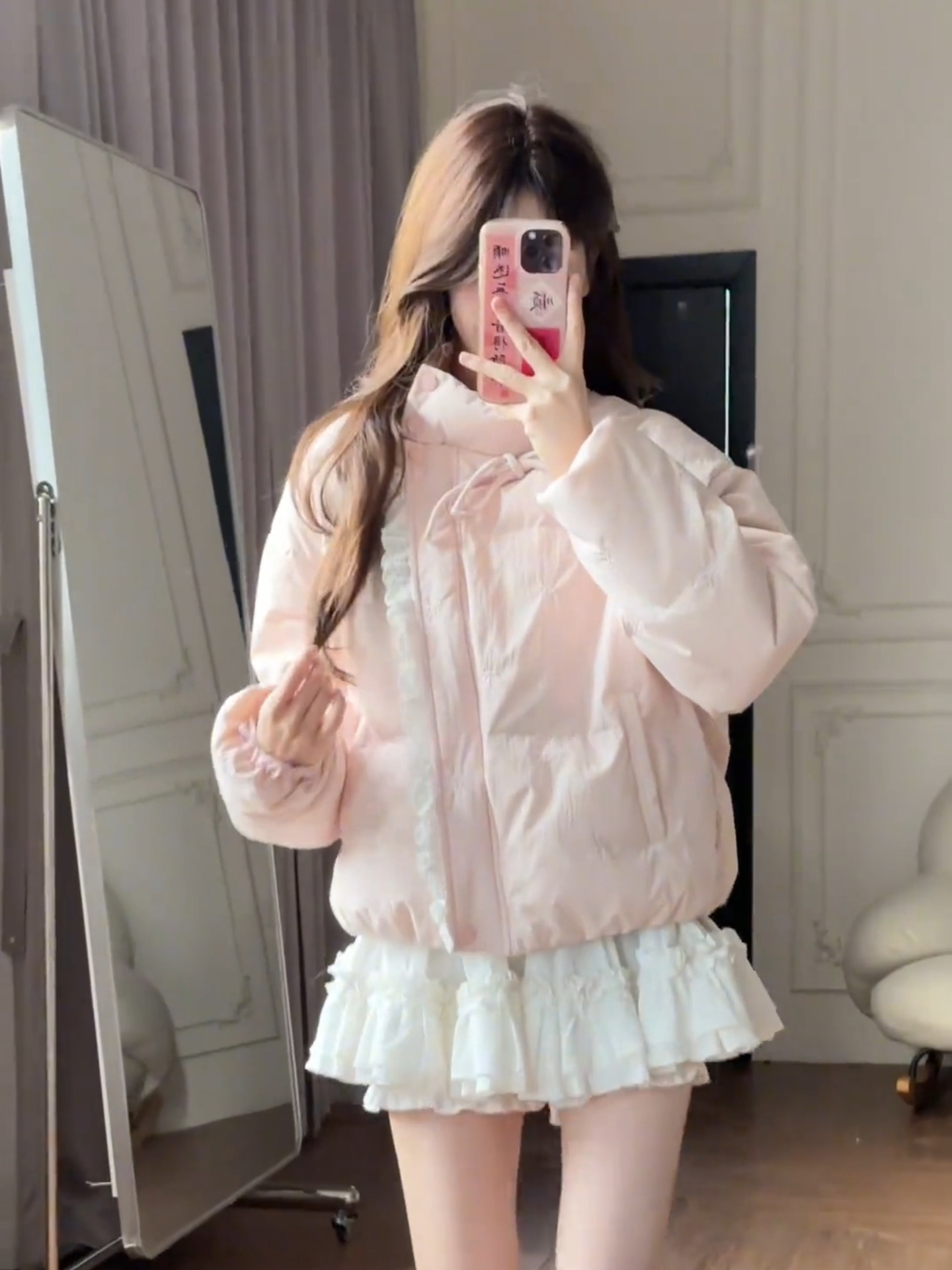 韩系粉色蕾丝拼接羽绒棉服外套女冬季高级感蝴蝶结系带棉衣面包服