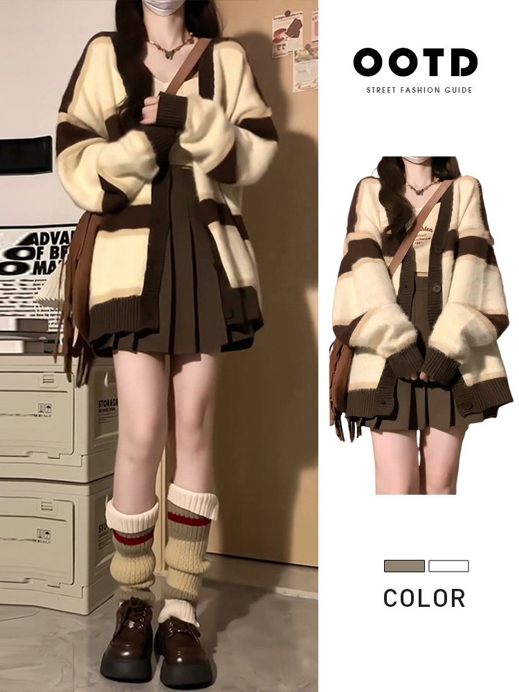 学院慵懒风针织开衫毛衣百褶裙韩系JK制服套装奶呼呼连衣裙两件套