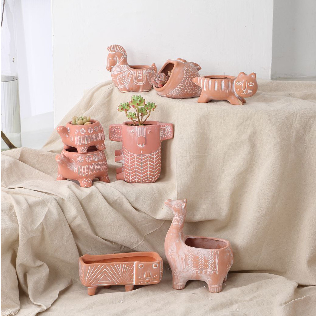 YSID创意卡通动物仿古红陶花盆透气盆栽多肉植物阳台桌面陶土花盆