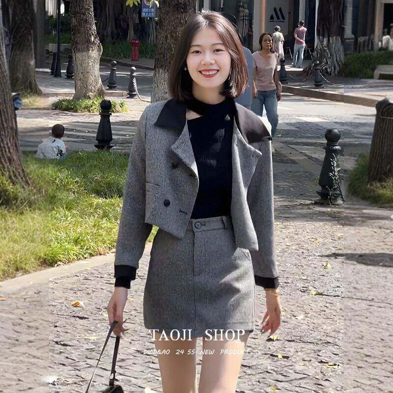 KATTERLLG富家千金高级感粗花呢短外套高腰A字裙裤两件套女秋冬小