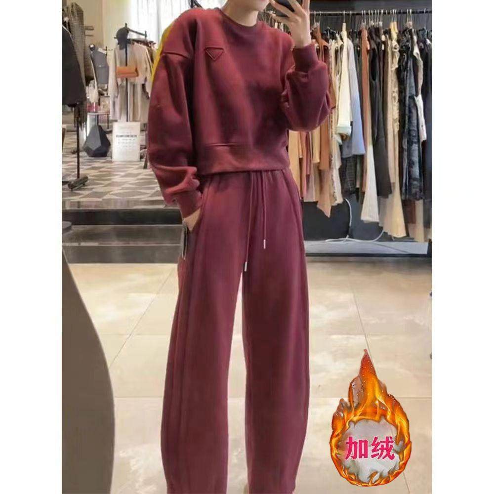 ROUMIKL纯秋冬装加绒加厚运动服套装女时尚卫衣卫裤宽松显瘦休闲