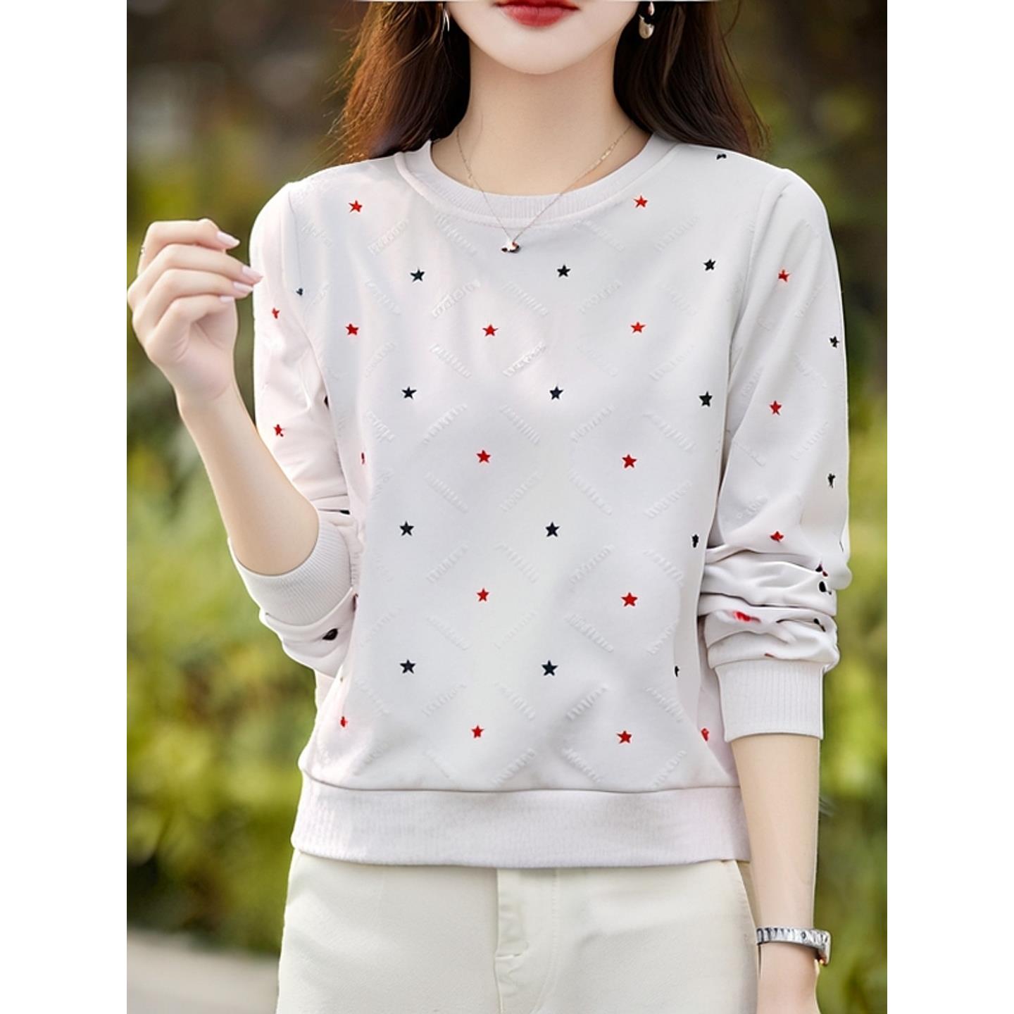 ROUMIKL欧货洋气圆领长袖t恤女2025新款秋季宽松印花小众设计感上