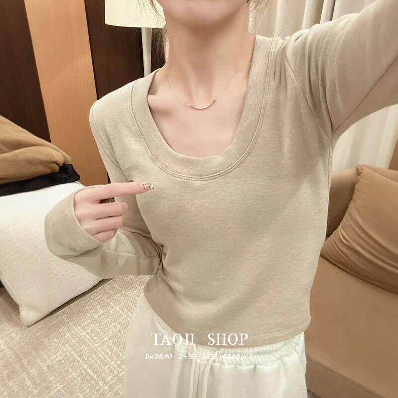 KATTERLLG大圆领正肩长袖t恤打底衫女秋冬季新款chic修身显瘦短款