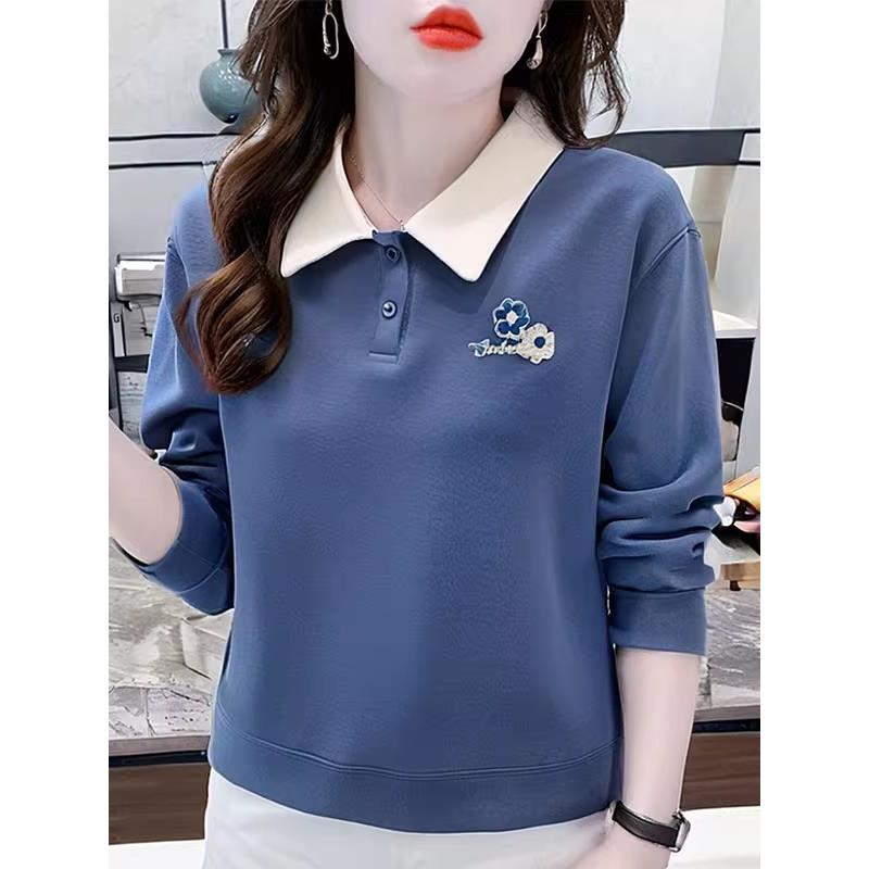 ROUMIKL秋季圆领卫衣女2025新款宽松时髦百搭女士上衣翻领刺绣设