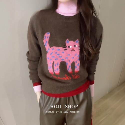 KATTERLLG复古趣味慵懒风猫咪提花圆领毛衣女秋冬款宽松长袖打底