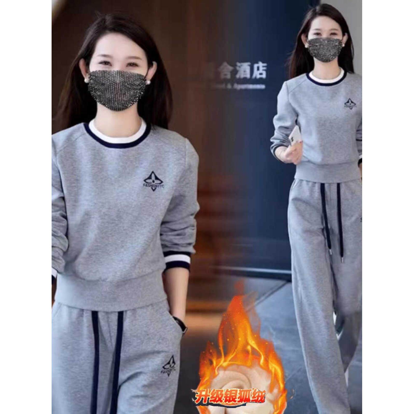 ROUMIKL纯加绒加厚休闲运动服套装女冬季新款圆领宽松卫衣女时尚