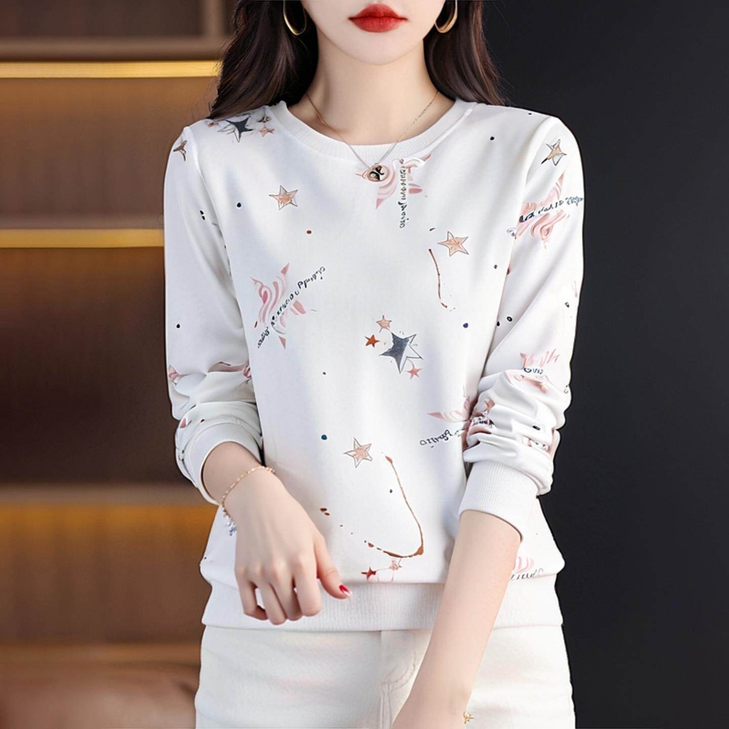 ROUMIKL欧货长袖t恤女2025新款秋季宽松减龄上衣时尚外穿圆领妈妈