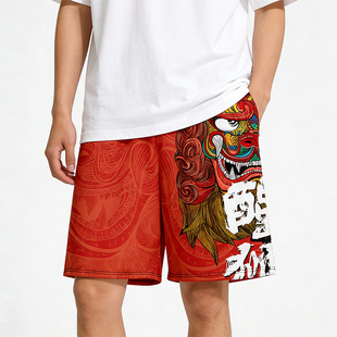 沙滩裤 国潮休闲运动裤 透气速干 男宽松五分裤 中国风醒狮印花短裤