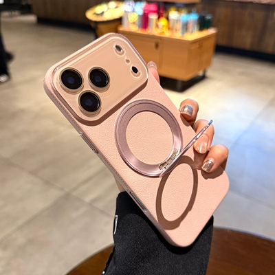 带旋转磁吸支架适用苹果17promax手机壳iphone17Air新款16pro镜头膜全包15粉色13荔枝纹14女12Magsafe保护套