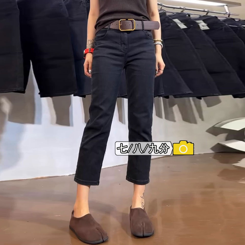 150小个子梨形身材穿搭七分直筒显瘦黑色弹力加绒牛仔裤女八分145
