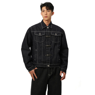 经典 廓形宽肩 底特律夹克龙虾扣设计复古原牛水洗黑牛仔外套男秋季