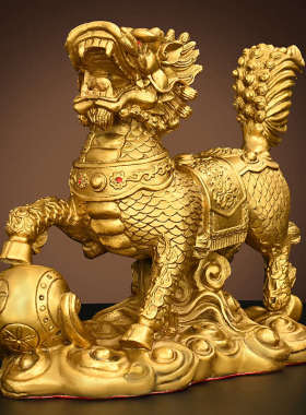 黄铜麒麟摆件一对招客厅财卧室求仔送子麒麟装饰品工艺品礼品纯大