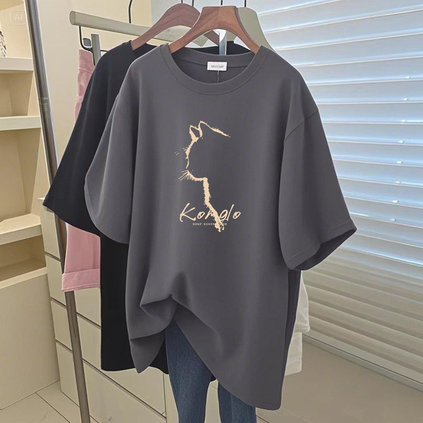 搭配鲨鱼裤纯棉短袖t恤女夏季宽松休闲大尺码中长版遮屁股灰色上