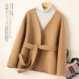 无领双面羊绒大衣女短款春秋季新款宽松呢子小个子腰带羊毛呢外套