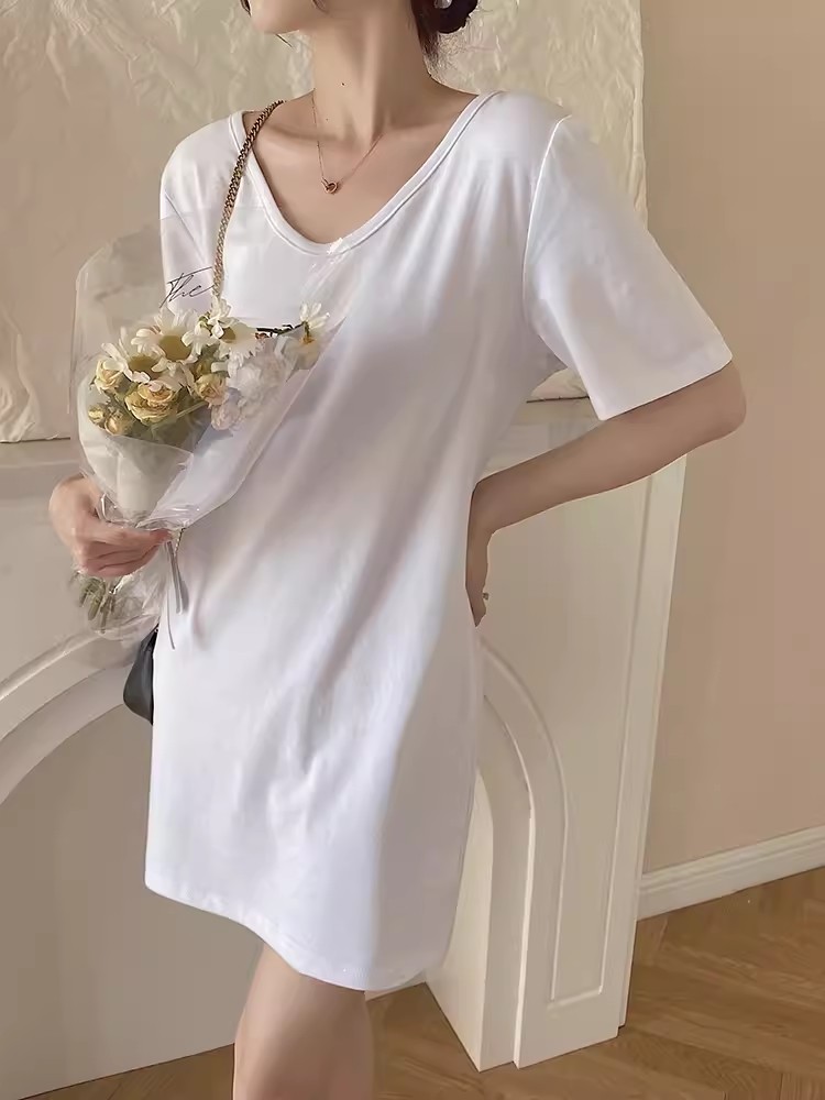睡裙白色简约夏季女纯棉短袖连衣裙韩版宽松慵懒休闲纯色中长裙夏