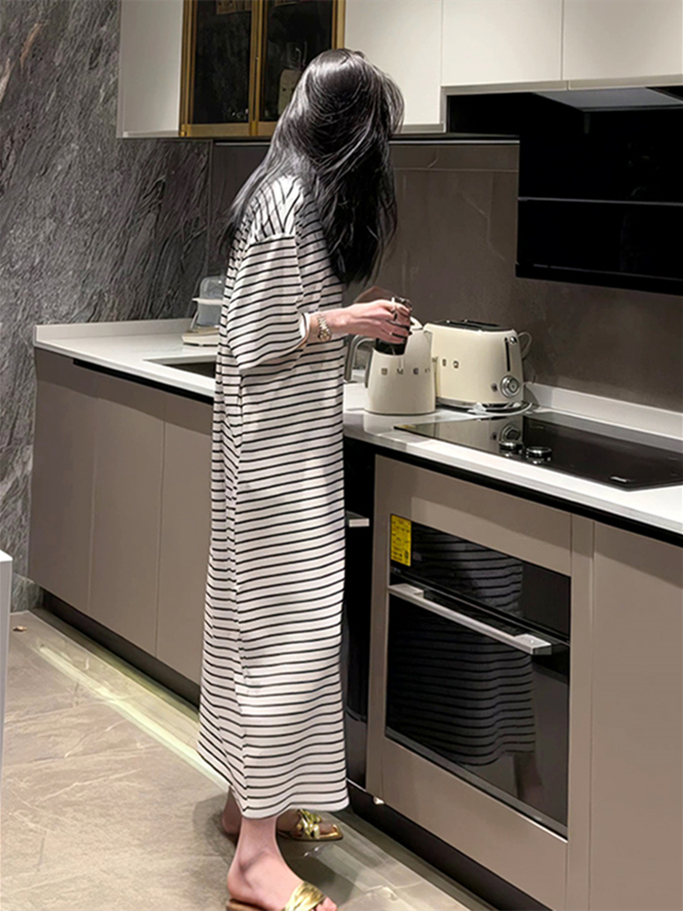 夏季條紋睡裙女純棉短袖超長款夏天學(xué)生可愛寬松薄款2024新款長裙