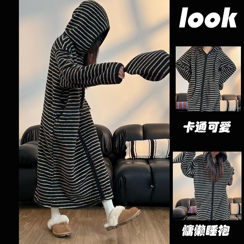 2025年睡袍冬天加绒保暖加厚浴袍连帽珊瑚绒睡衣女款拉链秋冬长袍