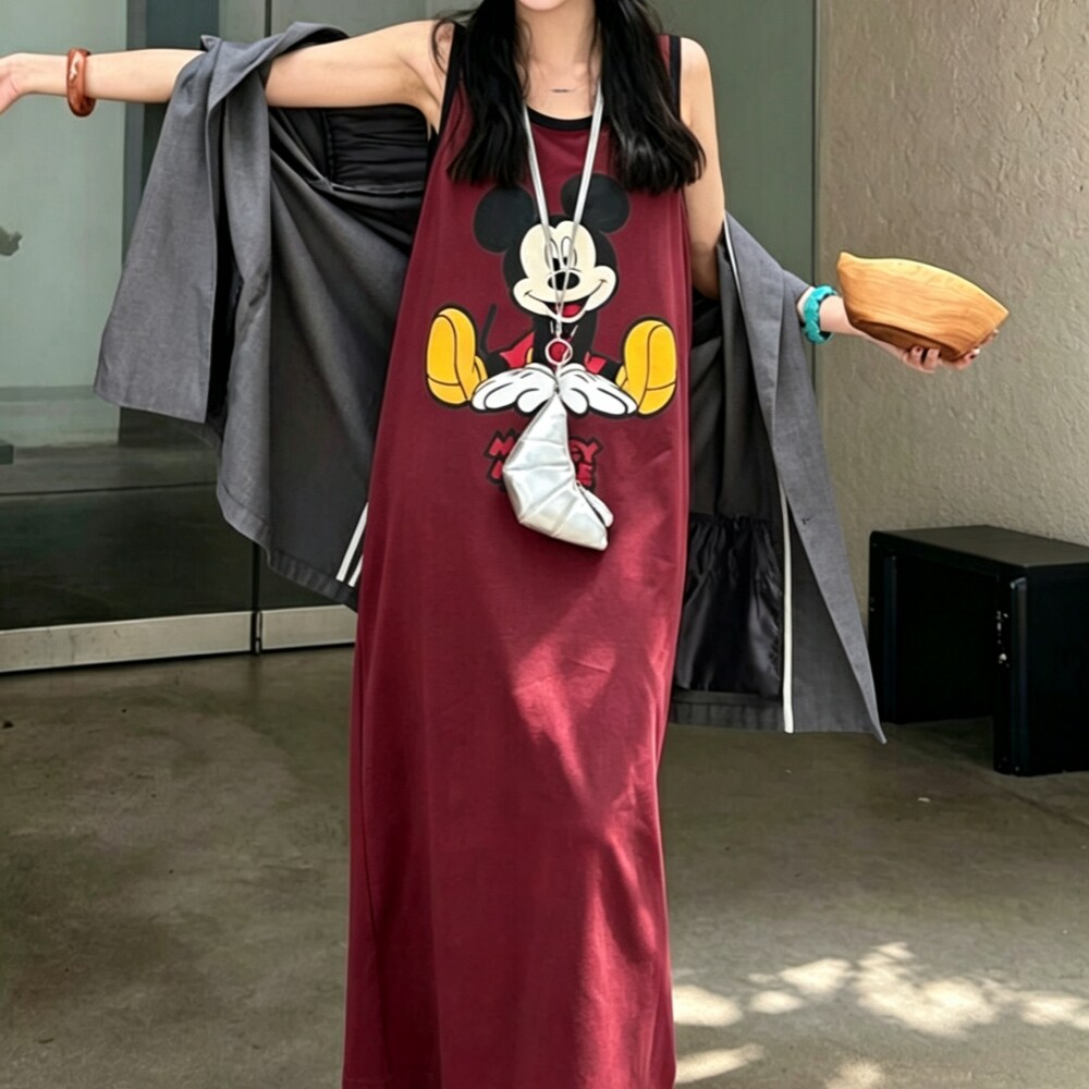 夏天无袖背心过膝长款连衣裙纯棉睡裙可外穿休闲家居服睡衣女卡通