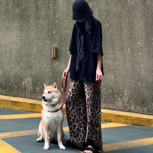 可外穿女生豹纹家居服 黑色休闲睡衣女款 夏纯棉短袖 长裤 2025年新款