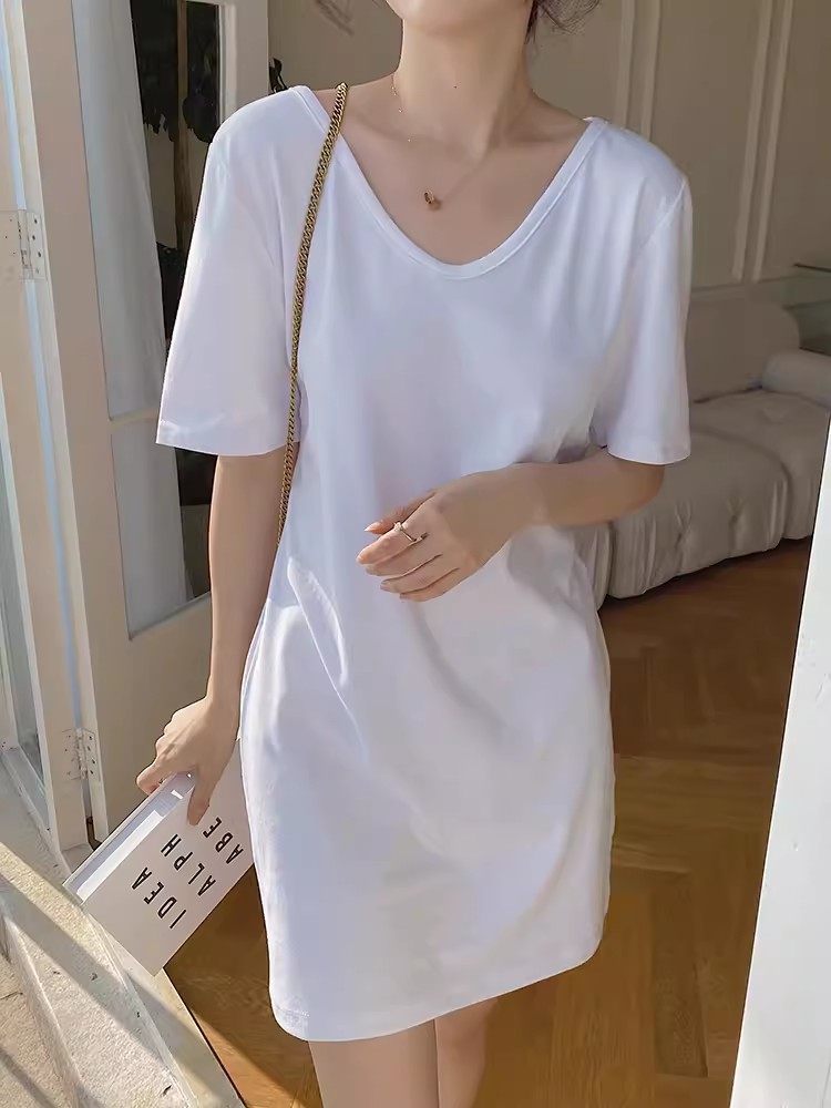 短袖t恤裙女中长圆领纯棉纯色舒适休闲白色韩版睡裙夏外穿连衣裙,女士内衣/男士内衣/家居服,睡裙,淘宝优惠券,粉丝福利购,淘宝优惠卷