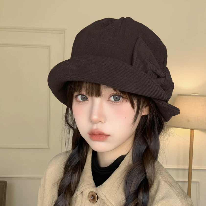 Classy key新加坡设计师联名款复古蝴蝶结灯芯绒渔夫帽显脸小盆帽