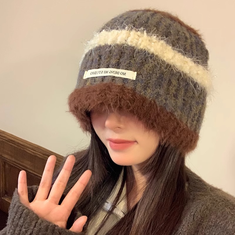 Classy key日本设计师联名款条纹护耳毛线帽显脸小帽子毛绒