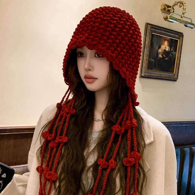 Classy key新加坡设计师联名款流苏红色毛线帽护耳保暖包头