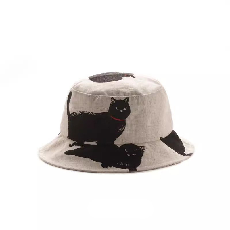 Classy key新加坡设计师联名款猫咪棉麻渔夫帽子显脸小涂鸦