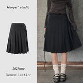 日系深灰色系带西装 百褶裙女秋季 复古设计感知识分子显瘦高腰中裙