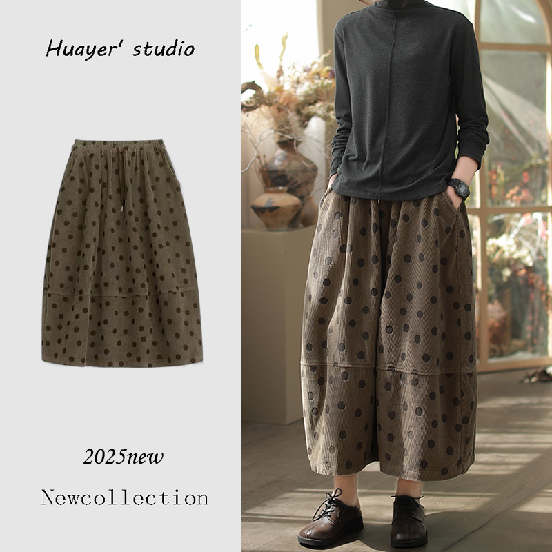 日式复古波点灯芯绒伞裙女秋冬美拉德咖色松紧腰显瘦a字花苞裙子