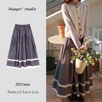 日系温柔风蕾丝拼接碎花半身裙女秋冬复古显瘦a字中长款宽松伞裙