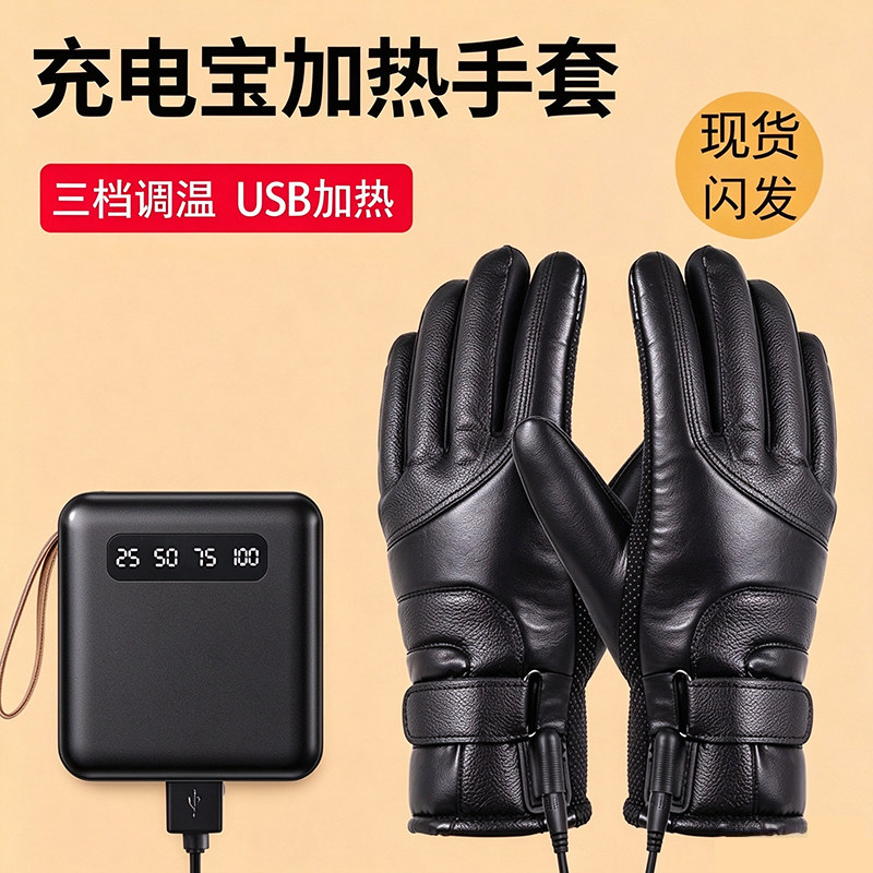 冬季usb接口充电宝加热棉手套男加厚摩托电瓶电动车骑行发热保暖