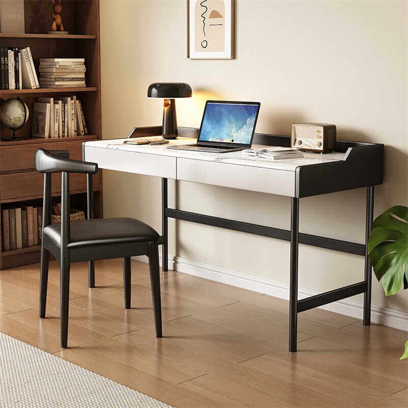 柏叶山意式极简岩板书桌实木桌带抽屉简约办公桌学习桌卧室电脑桌