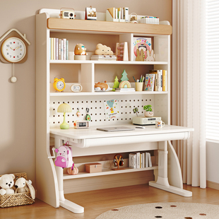 实木生态板电脑桌家用洞洞板书柜置物架卧室升降书桌一体学习桌子