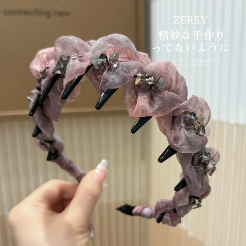 高级感轻奢粉纱水晶带齿发箍女款