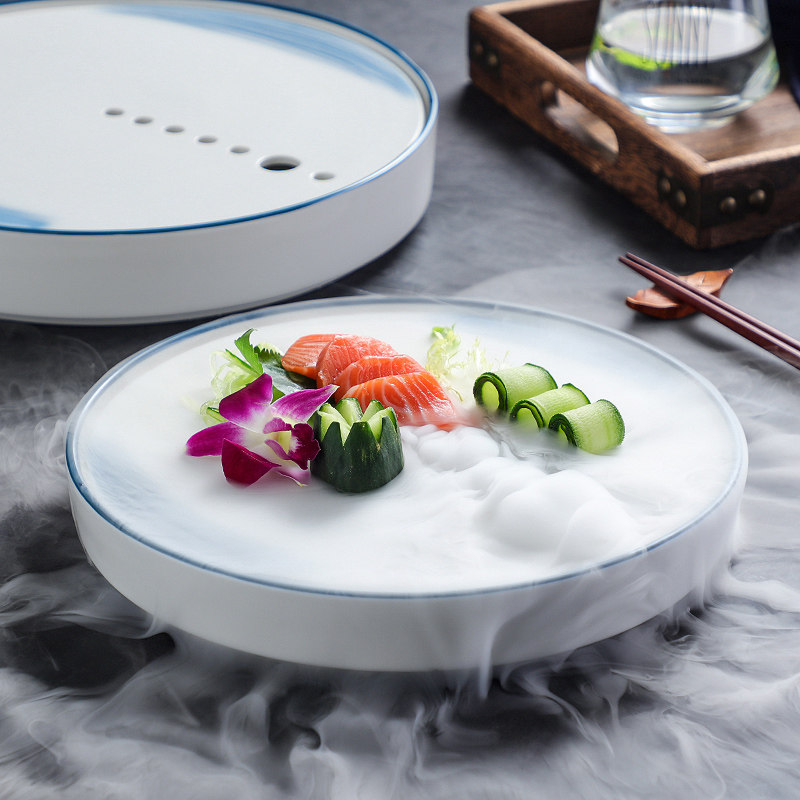 俊骨陶瓷干冰炉鱼盘刺身餐具日式三文鱼盘子圆形寿司盘生鱼片鱼生