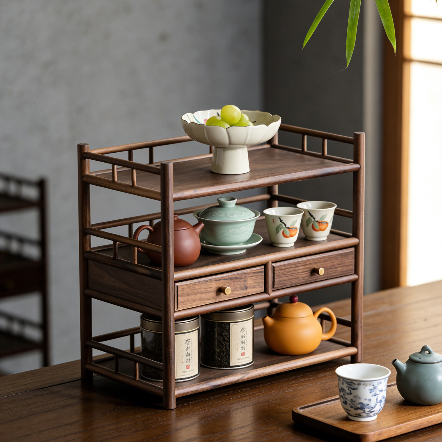 小型实木桌面茶具收纳博古架