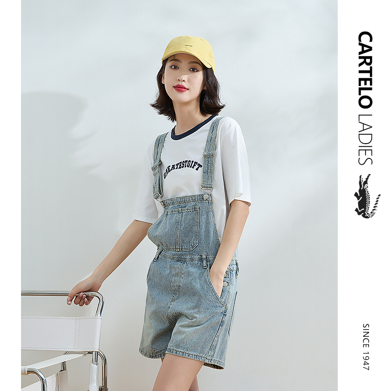 鳄鱼牛仔背带短裤女夏季薄韩版宽松阔腿直筒显瘦百搭减龄吊带短裤