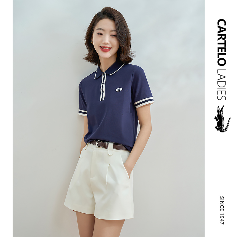 鳄鱼藏青色polo衫短袖女夏季2023新款修身显瘦正肩纯棉polo领T恤